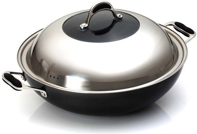 Alda Hard Anodised Wok Pan with Stainless Steel Dome Lid Kadhai 1 L(Hard Anodised, Non-stick, Induction Bottom)