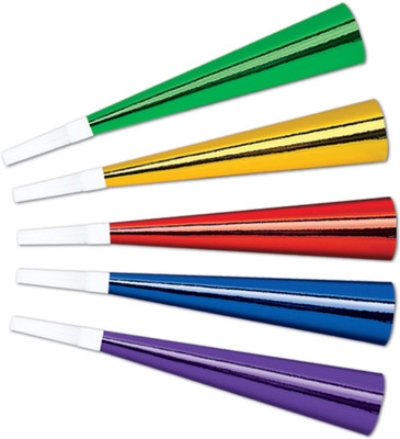 

Indigo Creatives Kids Birthday Party Sports Noise Maker Trumpet Paper Plastic Horn Blowout Supplies Pack of 6(Multicolor)