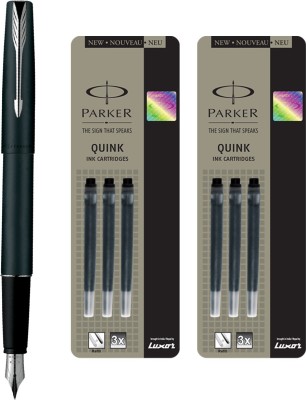 PARKER Frontier Matte Black CT Fountain Pen with 6 Black Quink Ink Cartridge(Pack of 3, Black)