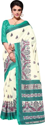 Ratnavati Printed Bollywood Art Silk Saree(White, Light Green)