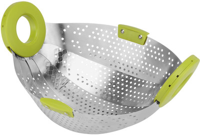 

VR Kitchen Colander Drain Basket Rice Pulses Fruits Vegetable Noodles Pasta Washing Bowl Collapsible Strainer(Green, Silver Pack of 1)