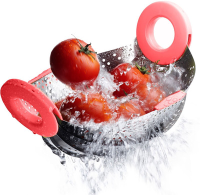 

VR Kitchen Colander Drain Basket Rice Pulses Fruits Vegetable Noodles Pasta Washing Bowl Collapsible Strainer(Pink, Silver Pack of 1)