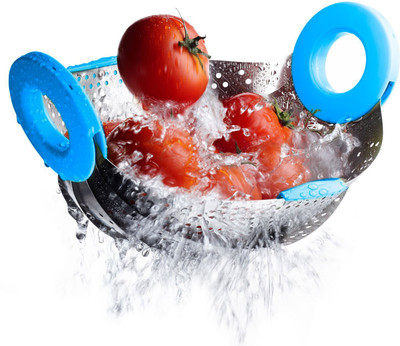 

VR Kitchen Colander Drain Basket Rice Pulses Fruits Vegetable Noodles Pasta Washing Bowl Collapsible Strainer(Blue, Silver Pack of 1)