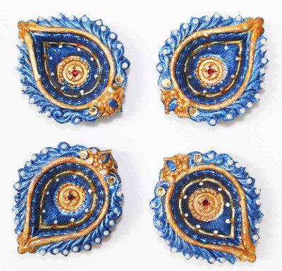 Craft Junction Handpainted Set of 4 Colourfull Terracotta (Pack of 4) Table Diya Set(Height: 1 inch)