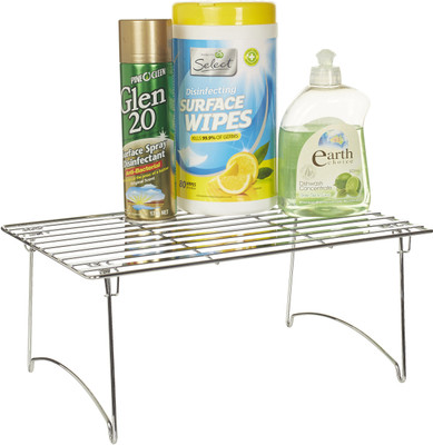 

Howards Large Stacking Shelf Space Saving Storage Organizer Rack Shelf For Kitchen Bathroom and Bedroom Steel Kitchen Rack(Silver)