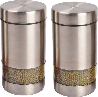 

JVL Magic Twister Canister - 900 ml Steel Grocery Container(Pack of 2, Silver)
