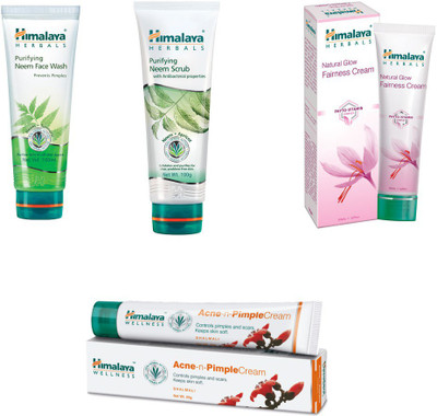 

Himalaya Purifying Neem Scrub, Purifying Neem Face Wash, Natural Glow Fairness Cream, Acne n Pimple Cream(Set of 4)