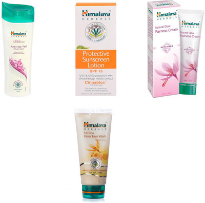 

Himalaya Anti Hair Fall Shampoo, Protective Sunscreen Lotion, Natural Glow Fairness Cream, Fairness Kesar Face Wash(Set of 4)