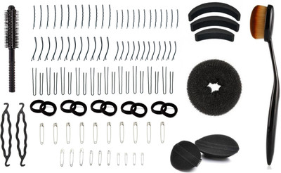 

Out Of Box Combo Of 88 Pieces Hair Safety Pin,10 Piece Black Ribbed Elastic Wide Hair Rubber Band, Set Of 3 Hair Puff And Donut Bun Medium Size With 2 Velcro Puffs, One Round Hair Brush, One Foundation Powder Oval Blending Brush(Set of 108)