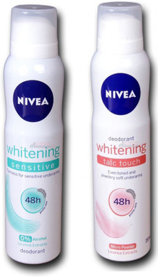 

Nivea WHITENING TALC TOUCH DEODORANT 150ML + WHITENING SENSITIVE SKIN 150ML Deodorant Spray - For Women(150 ml, Pack of 2)