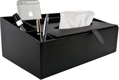 

STATE OF THE ART 4 Compartments Leatherette Tissue Box Holder Office Organizer With Tissue Box Holder(Black)