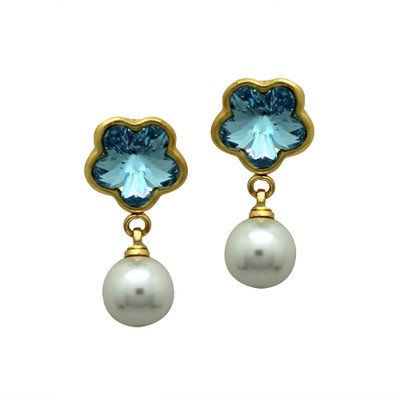 mahi Blue Floral Pearl Crystal Alloy Drops & Danglers