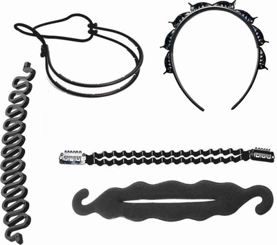 

NAWAB Twist Styling French Braider , Messy Bun Headband , Plait Braider Headband , Bun Maker & Bob Maker Hair Styling Tool (set of 5) Hair Accessory Set(Black)