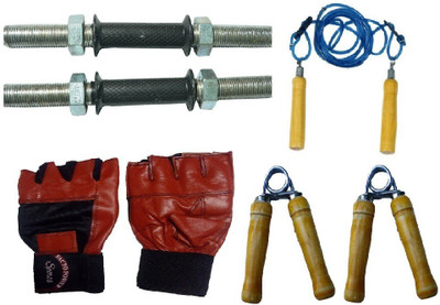 

FACTO POWER ZINC DUMBELL RODS, LEATHER MATERIAL, RED COLOR, GYM GLOVES, WOODEN HANDLE BLUE COLOR SKIPPING ROPE AND PAIR OF HAND GRIPPER Gym & Fitness Kit
