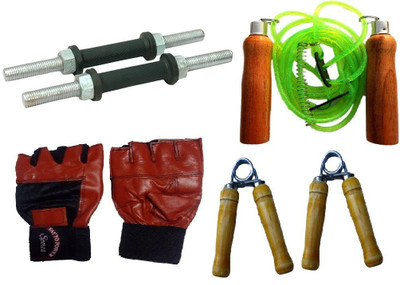 

FACTO POWER NICKLE DUMBELL RODS, LEATHER MATERIAL, RED COLOR, GYM GLOVES, WOODEN HANDLE GREEN COLOR SKIPPING ROPE AND PAIR OF HAND GRIPPER Gym & Fitness Kit