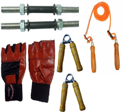 

FACTO POWER ZINC DUMBELL RODS, LEATHER MATERIAL, RED COLOR, GYM GLOVES, WOODEN HANDLE ORANGE COLOR SKIPPING ROPE AND PAIR OF HAND GRIPPER Gym & Fitness Kit