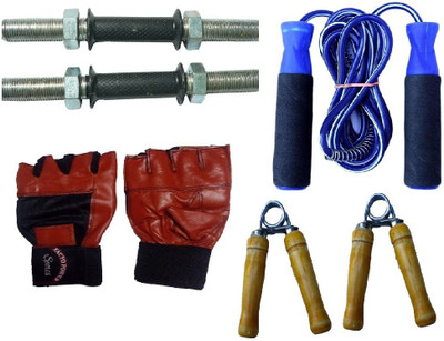 

FACTO POWER ZINC DUMBELL RODS, LEATHER MATERIAL, RED COLOR, GYM GLOVES, BEARING BLUE COLOR SKIPPING ROPE AND PAIR OF HAND GRIPPER Gym & Fitness Kit