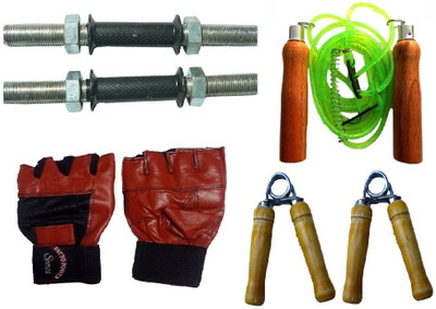 

Facto Power ZINC DUMBELL RODS, LEATHER MATERIAL, RED COLOR, GYM GLOVES, WOODEN HANDLE GREEN COLOR SKIPPING ROPE AND PAIR OF HAND GRIPPER Gym & Fitness Kit