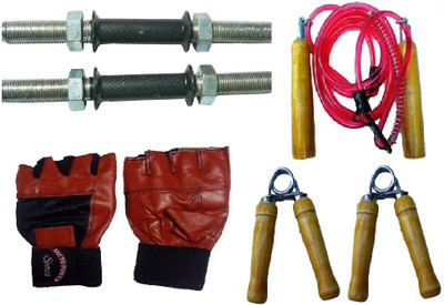 

FACTO POWER ZINC DUMBELL RODS, LEATHER MATERIAL, RED COLOR, GYM GLOVES, WOODEN HANDLE RED COLOR SKIPPING ROPE AND PAIR OF HAND GRIPPER Gym & Fitness Kit