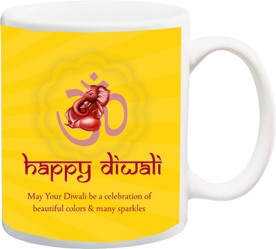 Stylotrendz Simple Yellow Print Diwali Wishing Ceramic Mug(325 ml), White