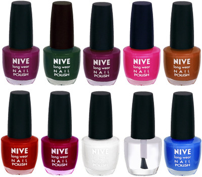 

Nive Nail Polish Combo At Wholesale Rate Purple,Green,Purple,Pink,Brown,Red,Pink,White,Transparent,Blue(Pack of 10)