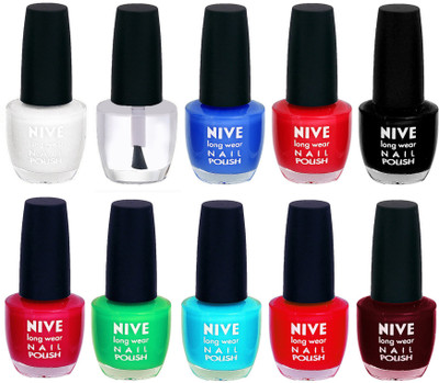 

Nive Nail Polish Combo At Wholesale Rate White,Transparent,Blue,Red,Black,Pink,Green,Blue,Red,Maroon(Pack of 10)