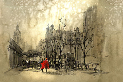 

couple walking on city sketch art Photographic Paper(12 inch X 18 inch, Rolled)