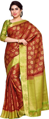 MIMOSA Embellished Kanjivaram Art Silk Saree(Maroon, Light Green)