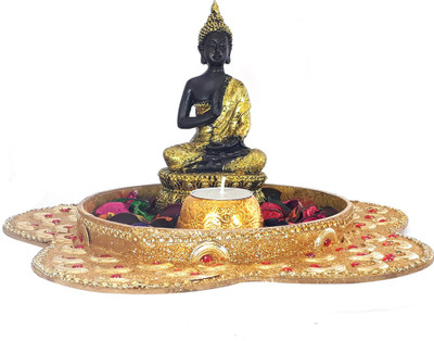 

LOF Buddha Idol Set with Decorative Designer Tray, Candle and Fragrant potpourri Decorative Showpiece - 15 cm(Polyresin, Gold)