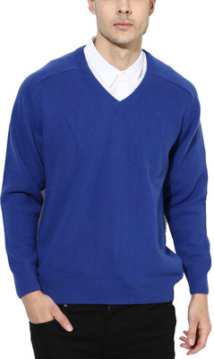 Super Weston Solid V Neck Casual Men Blue Sweater