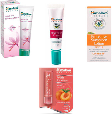 

Himalaya Natural Glow Fairness Cream, Under Eye Cream, Protective Sunscreen Lotion, Peach Shine Lip Care(Set of 4)