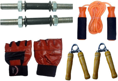 

FACTO POWER ZINC DUMBELL RODS, LEATHER MATERIAL, RED COLOR, GYM GLOVES, BEARING ORANGE COLOR SKIPPING ROPE AND PAIR OF HAND GRIPPER Gym & Fitness Kit
