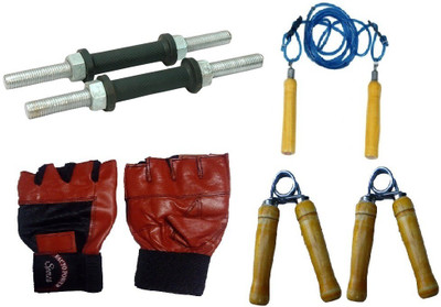 

FACTO POWER NICKLE DUMBELL RODS, LEATHER MATERIAL, RED COLOR, GYM GLOVES, WOODEN HANDLE BLUE COLOR SKIPPING ROPE AND PAIR OF HAND GRIPPER Gym & Fitness Kit