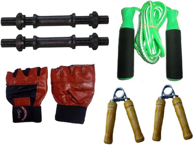 

FACTO POWER BLACK DUMBELL RODS, LEATHER MATERIAL, RED COLOR, GYM GLOVES, BEARING GREEN COLOR SKIPPING ROPE AND PAIR OF HAND GRIPPER Gym & Fitness Kit