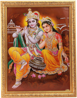 

Silver Zari Work Photo Of Radha Krishna In Golden Frame Big Paper Print(45 inch X 35 inch, Framed With Velvet Back)