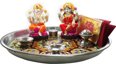 

LOF LOF Laxmi Ganesh Idol combo with Meenakari Decorative Pooja Thali and Pooja Samagri Decorative Showpiece - 11 cm(Marble, Multicolor)