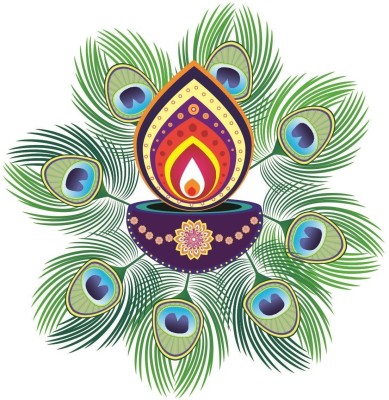 Asmi Collections 60 cm Beautiful Peacock Feather and Diya Rangoli Removable Sticker(Pack of 1)