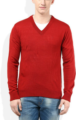 Super Weston Solid V Neck Casual Men Red Sweater