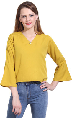 Mozoi Casual Bell Sleeve Solid Women Yellow Top