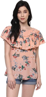 PANNKH Casual Short Sleeve Printed Women Pink Top