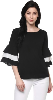 PANNKH Casual Bell Sleeve Solid Women Black Top