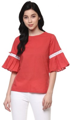 PANNKH Casual Half Sleeve Solid Women Red Top