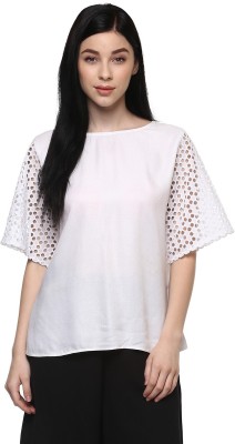 PANNKH Casual Short Sleeve Solid Women White Top