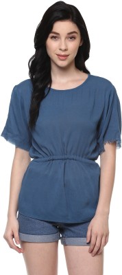 PANNKH Casual Short Sleeve Solid Women Blue Top