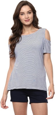 PANNKH Casual Short Sleeve Striped Women White Top