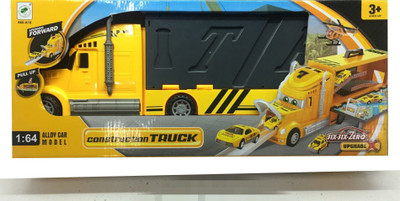 

VShine Transporter off Loader Mack Truck Track Playset with 2 Metal Cars and 1 Helicopter with Slopes and Handle for Carrying - Yellow(Yellow)