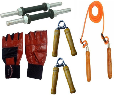 

FACTO POWER NICKLE DUMBELL RODS, LEATHER MATERIAL, RED COLOR, GYM GLOVES, WOODEN HANDLE ORANGE COLOR SKIPPING ROPE AND PAIR OF HAND GRIPPER Gym & Fitness Kit