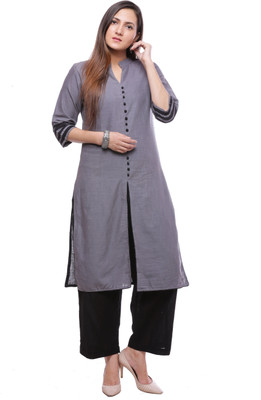 Ayan Women Solid Straight Kurta(Black, Grey)