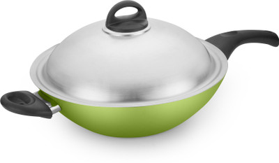 

Kitchen Chef NATURA CHINESE WOK WITH STEEL LID 305MM IB Kadhai 30 cm with Lid(Aluminium, Non-stick, Induction Bottom), Green