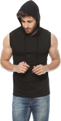 GEUM Solid Men Hooded Black T-Shirt